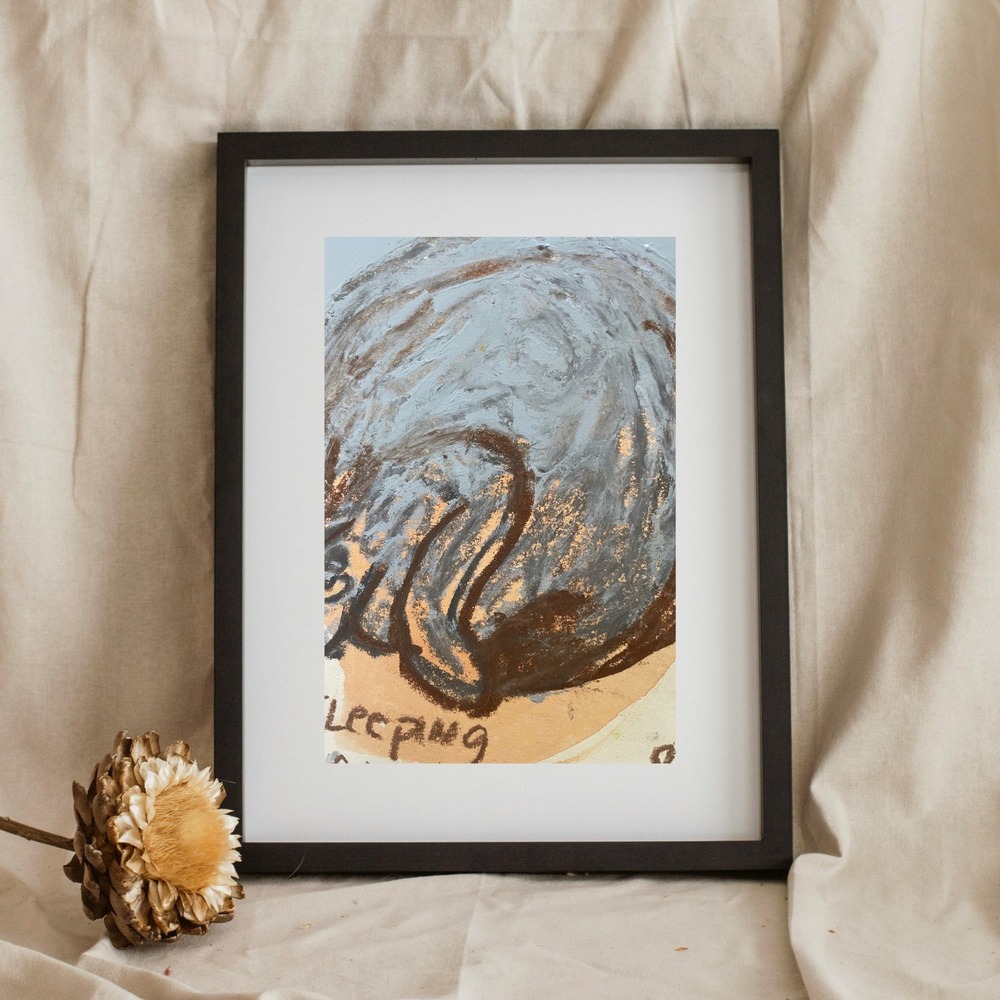 Oman Original Sleeping Cat Painting 5.5x8.5 Abstract Blue Kitty Pet Folk Art